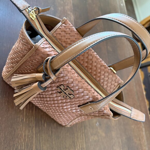 GUC Tory Burch Brown Woven Leather Mini Thea Tote - Picture 3 of 6
